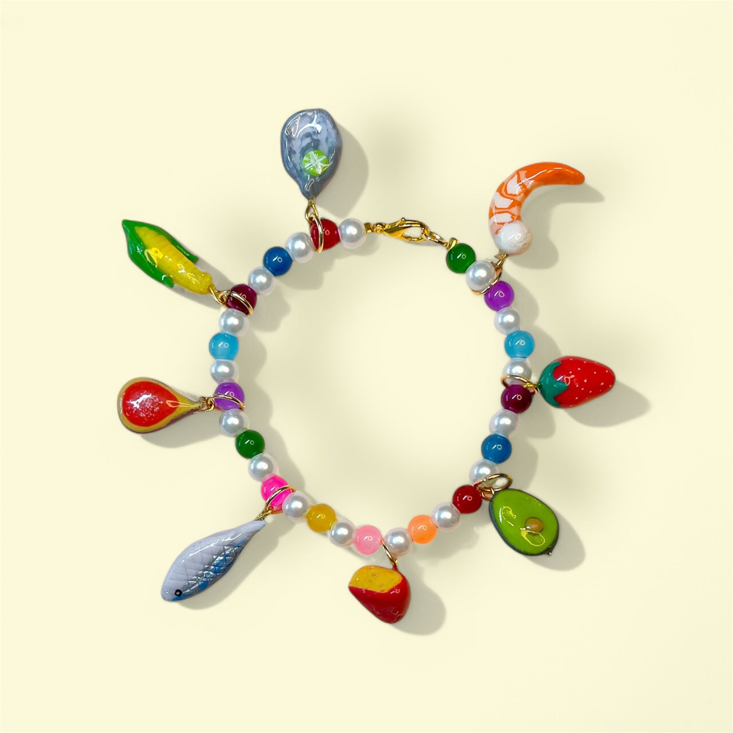 Pulsera de Charms 🥑🍤💜🐟🦪🫒🍓🧀🌽