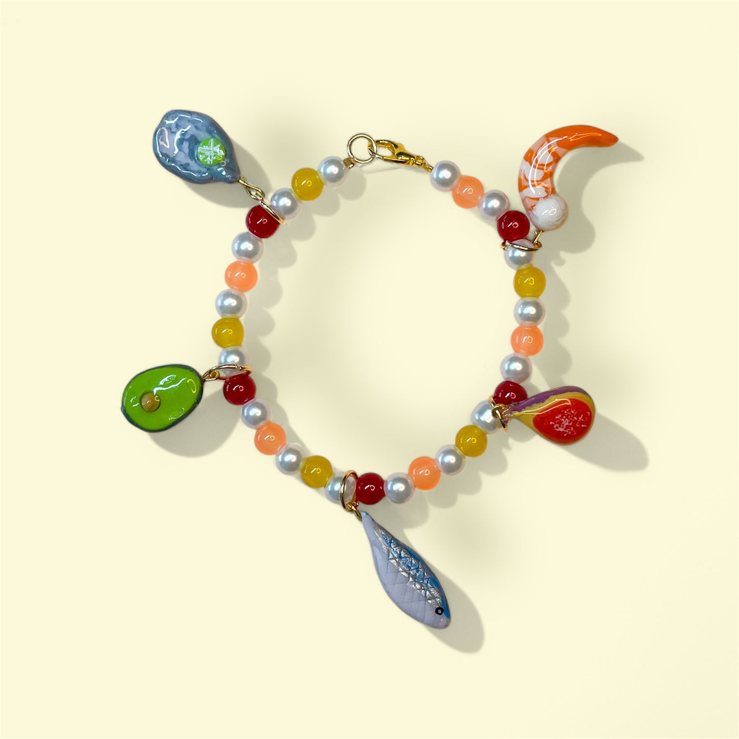 Pulsera de Charms 🥑🍤💜🐟🦪🫒🍓🧀🌽